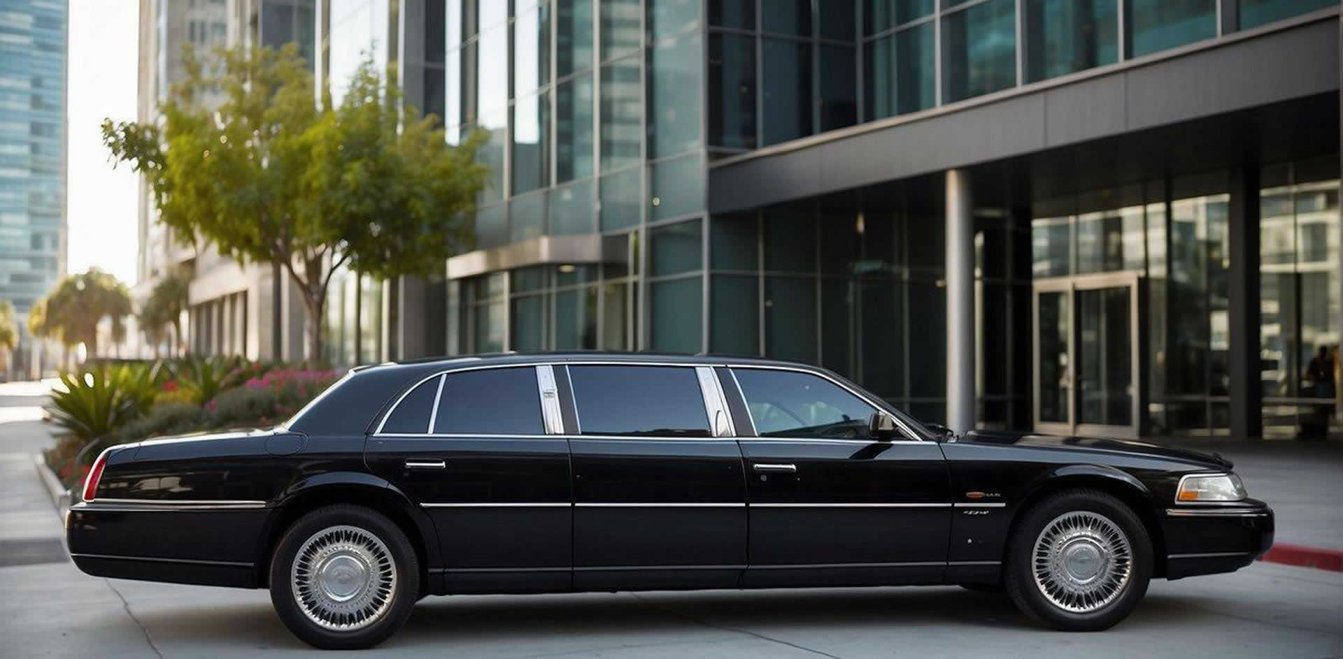 A sleek black limousine parked outside a modern office building in downtown San Diego, with a chauffeur standing by the open door ready to assist corporate clients