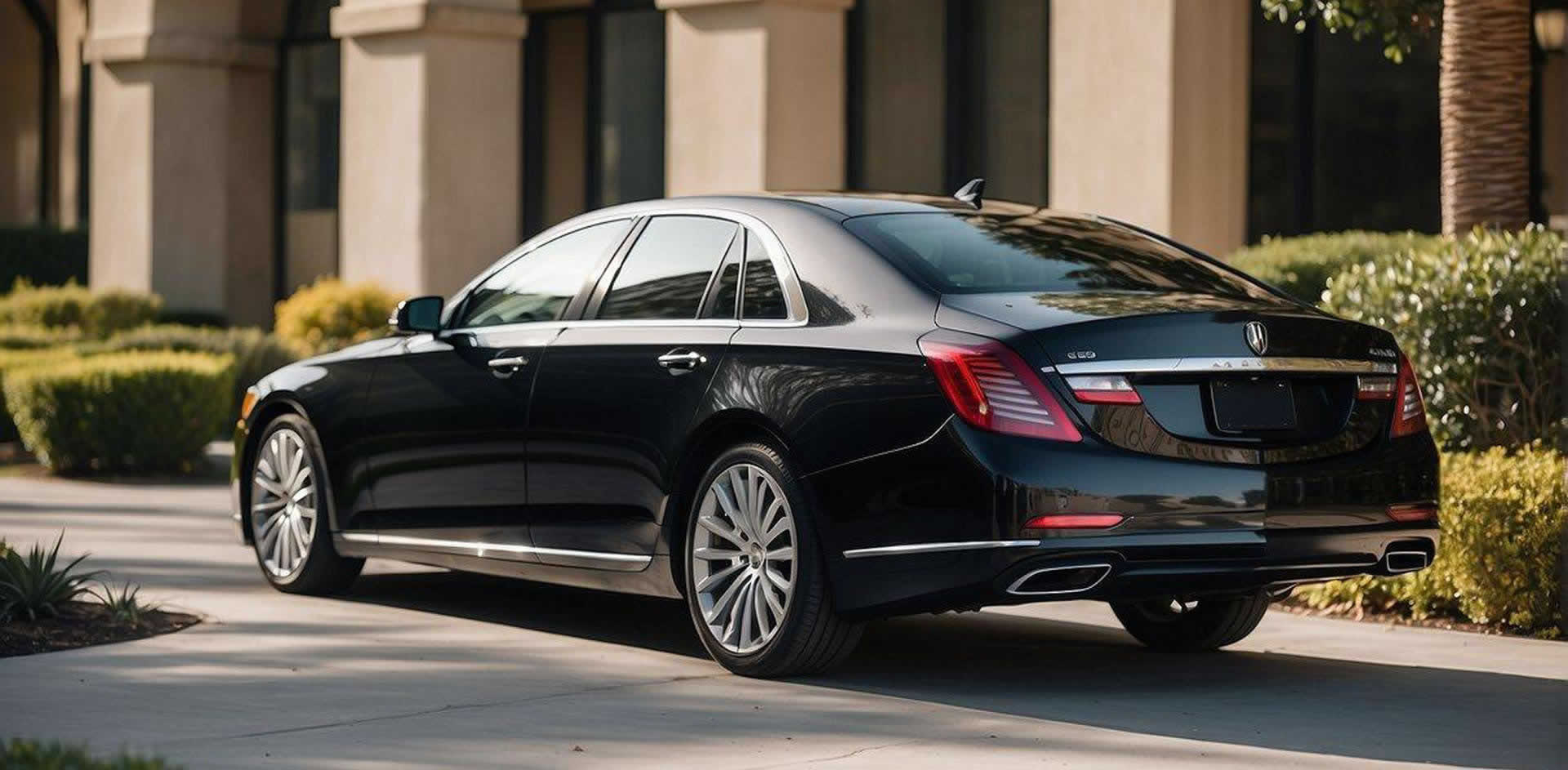 A sleek luxury sedan with modern design and comfortable interior, showcasing advanced features for executive transportation in San Diego