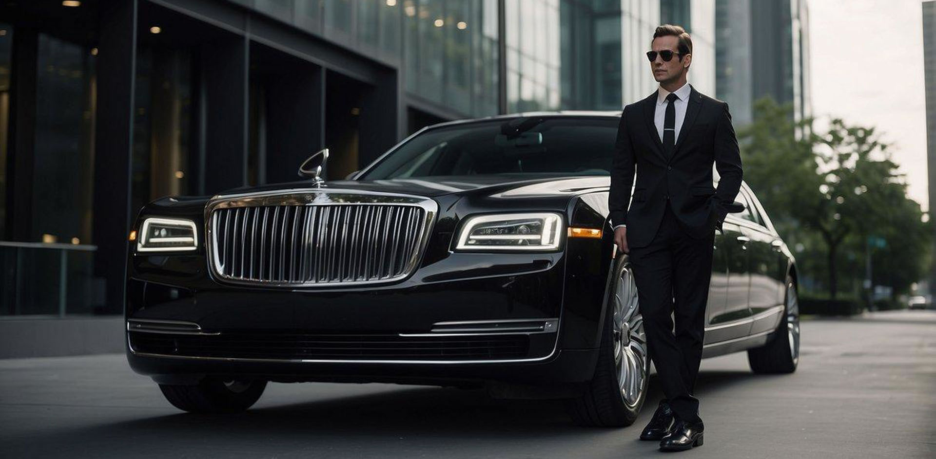A sleek black limousine pulls up to a modern office building, reflecting the city skyline in its polished exterior. A chauffeur stands by the open door, ready to assist corporate clients