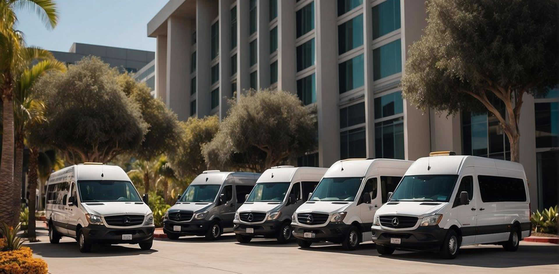 Luxury vans and buses line up in front of a corporate office building in San Diego, ready to transport executives in style and comfort
