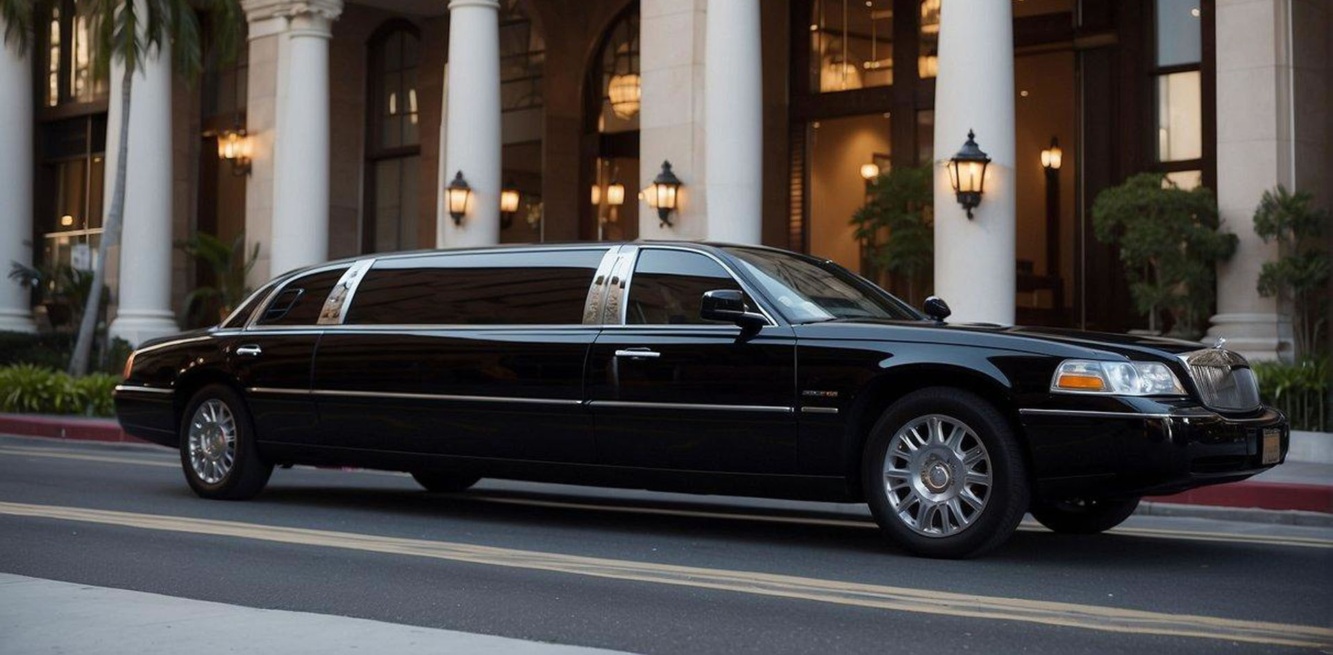 A sleek, modern limousine pulls up to a high-end hotel entrance in downtown San Diego, with the city skyline in the background