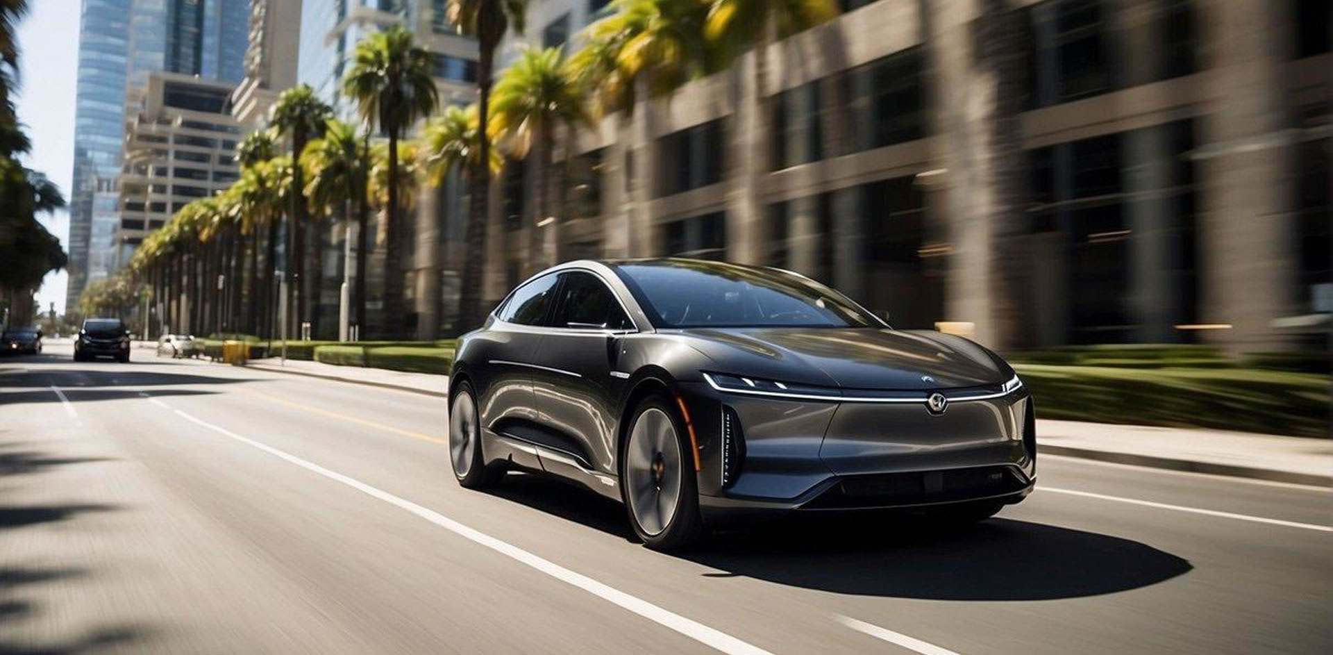 A sleek electric car glides through the streets of San Diego, passing by modern skyscrapers and lush greenery. The vehicle exudes luxury and sophistication, emitting zero emissions as it transports executives to their corporate destinations