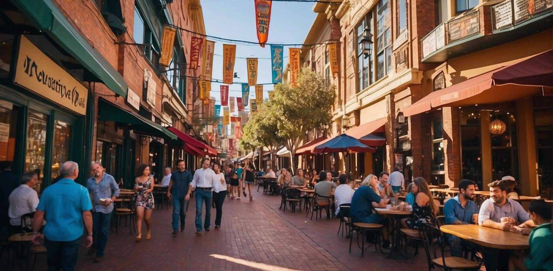 Colorful signs line the bustling streets of Gaslamp Quarter, San Diego. Outdoor cafes, historic buildings, and lively entertainment create a vibrant atmosphere