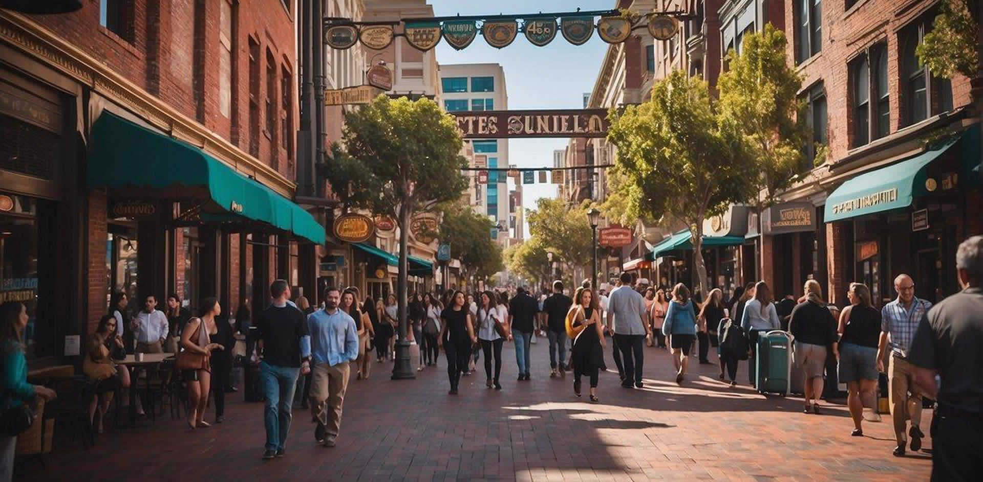 The Gaslamp Quarter bustles with activity, featuring historic buildings, lively nightlife, and a vibrant atmosphere. The scene includes bustling streets, colorful signage, and a mix of old and new architecture