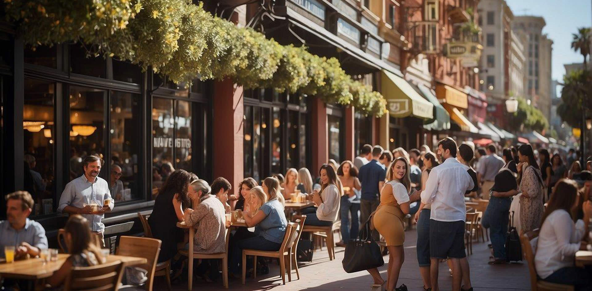 A bustling street lined with diverse restaurants, colorful outdoor dining areas, and people enjoying delicious food in the Gaslamp Quarter of San Diego