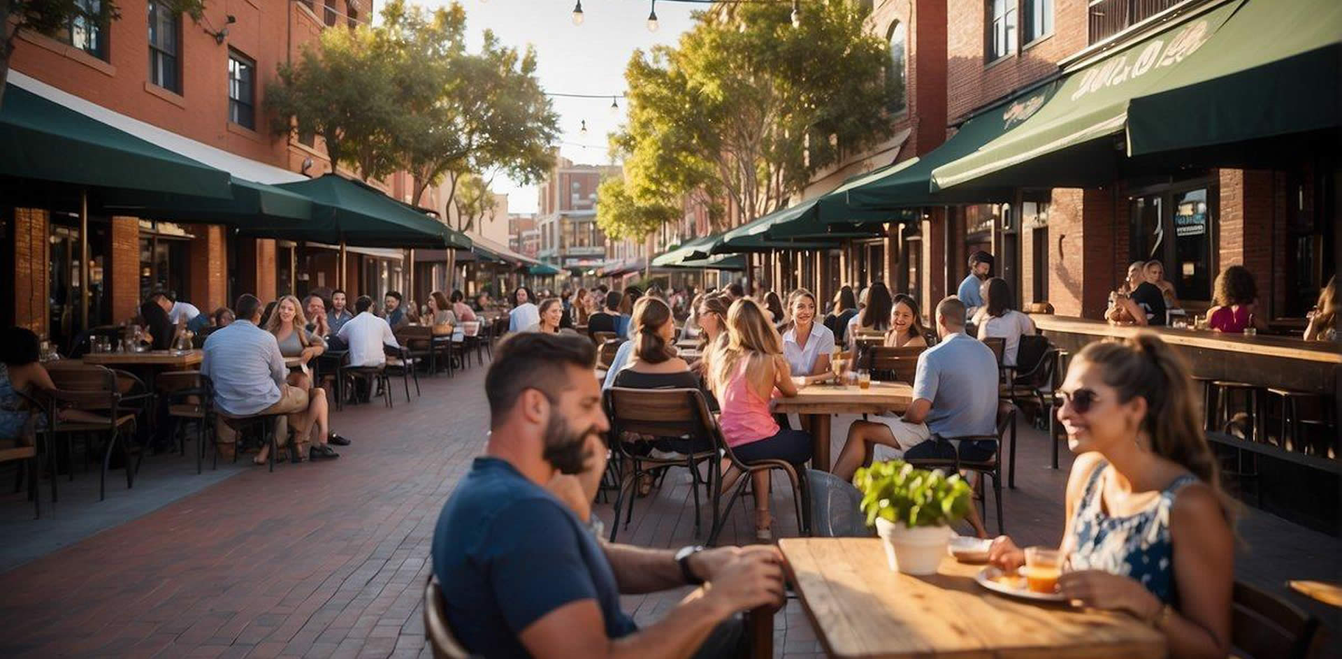 People enjoying outdoor activities in Gaslamp Quarter: dining at outdoor cafes, shopping at trendy boutiques, playing sports like basketball and volleyball, and attending live music and entertainment events