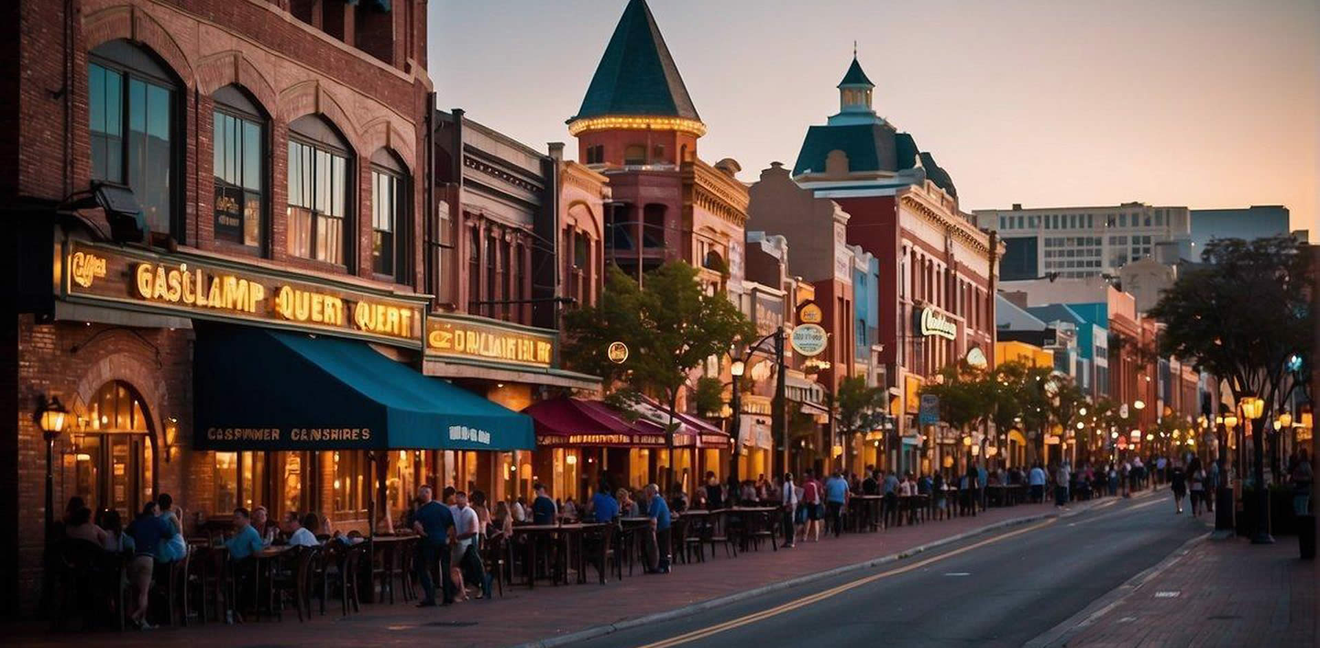 The Gaslamp Quarter bustles with vibrant nightlife, historic architecture, and bustling restaurants. The iconic Gaslamp Quarter sign shines brightly as people explore the bustling streets lined with lively bars and shop