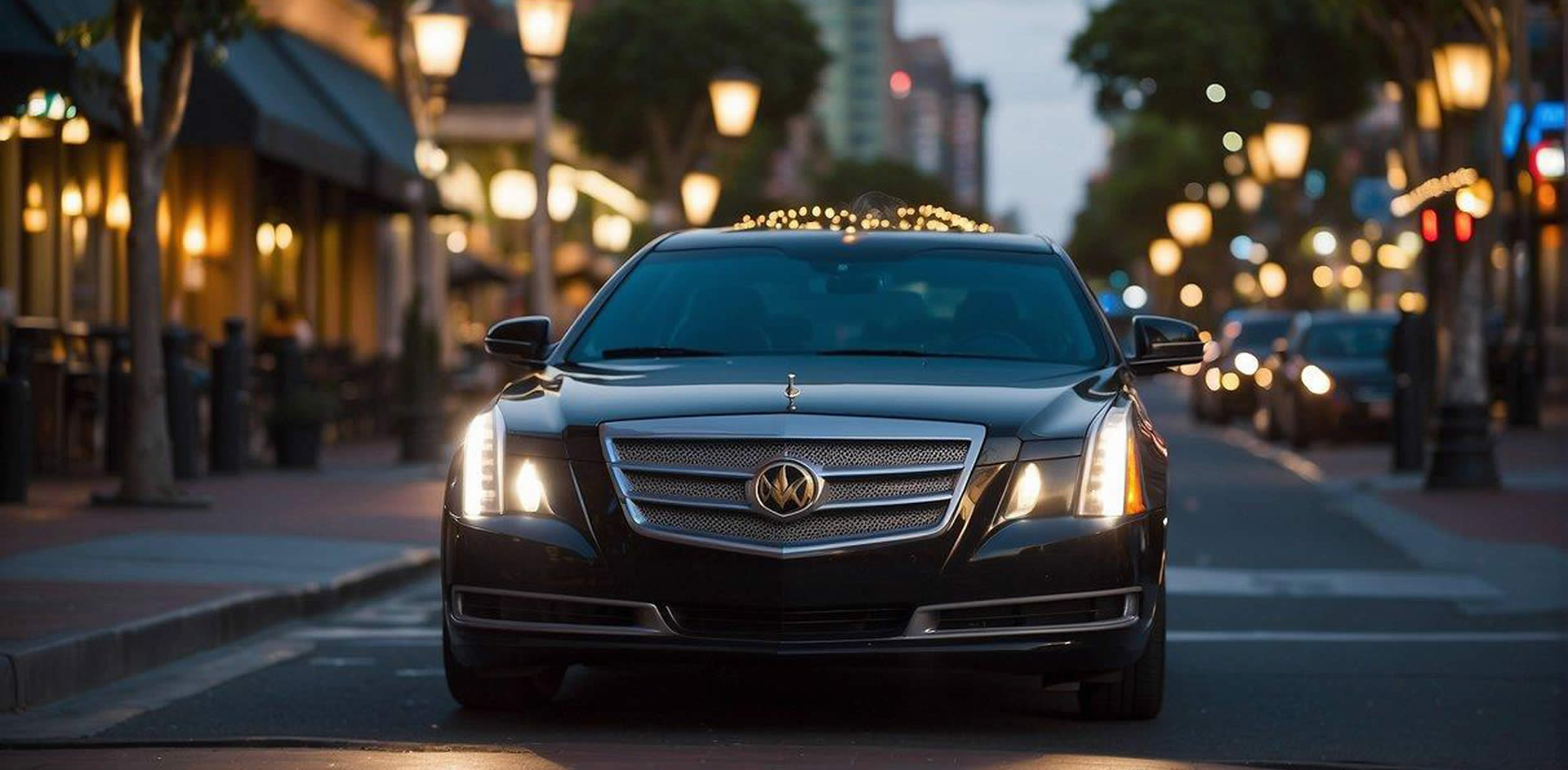 A sleek limousine pulls up to a vibrant street lined with bustling restaurants and shops in Gaslamp Quarter, San Diego. The city skyline glows in the background as a stylish mode of luxury transportation awaits its passengers