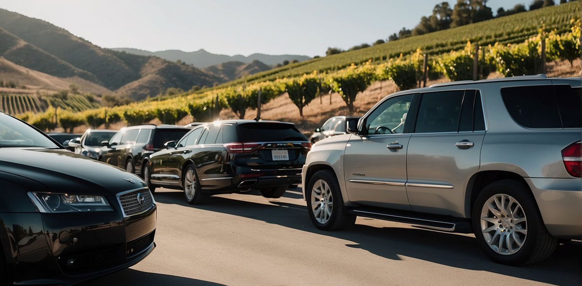 cars on a street in beside of a wine field