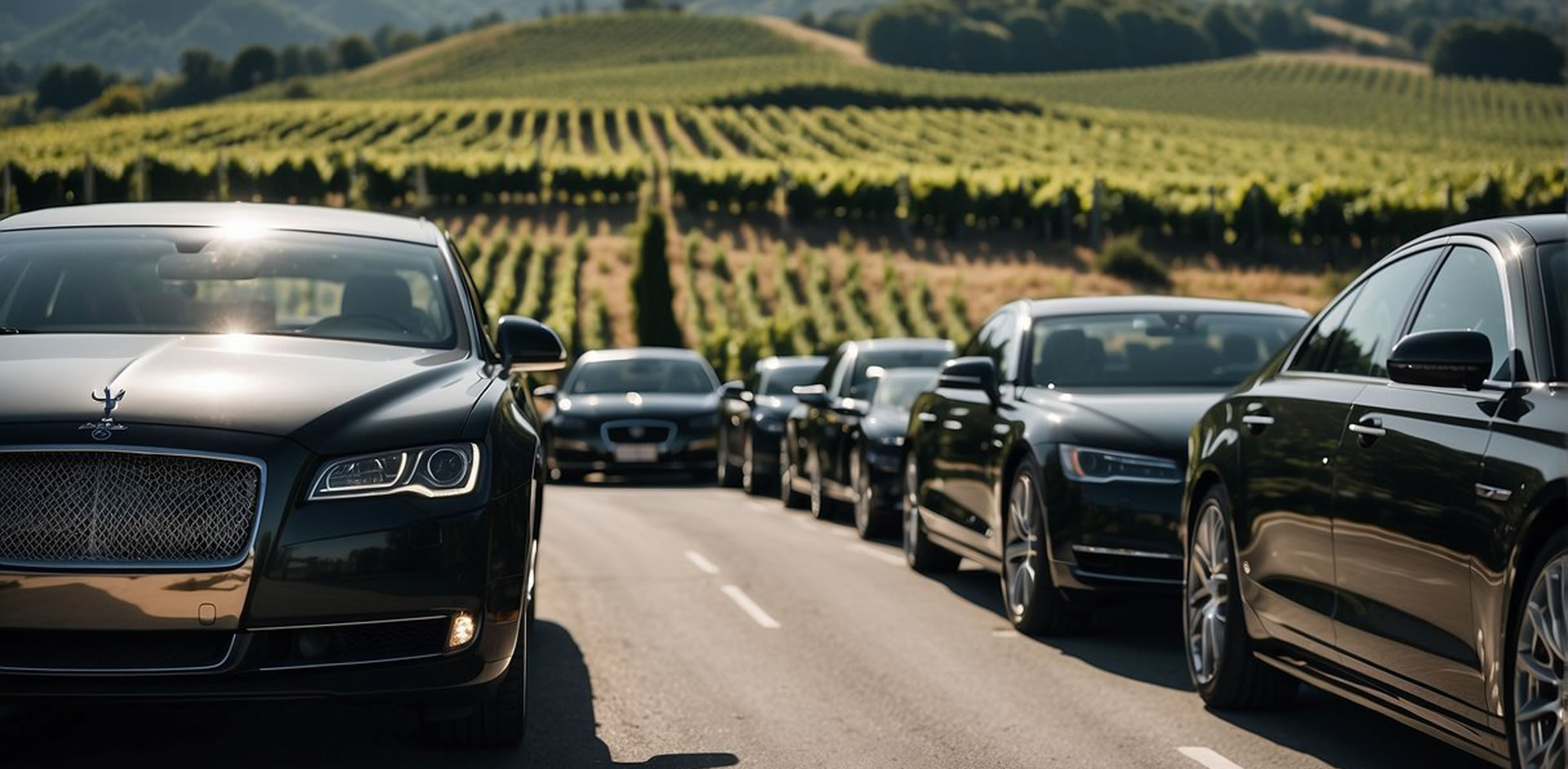 suvs on street in front of wine field