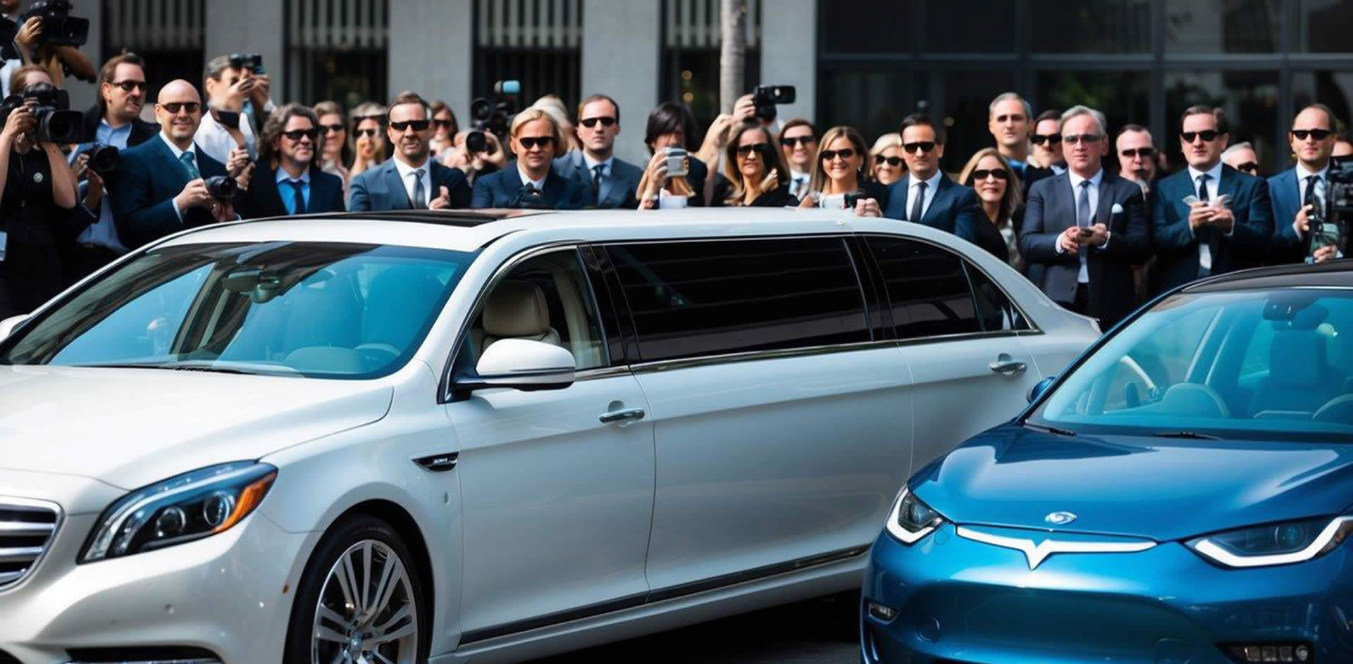 A sleek limousine parked next to a modern electric car, surrounded by paparazzi and fans