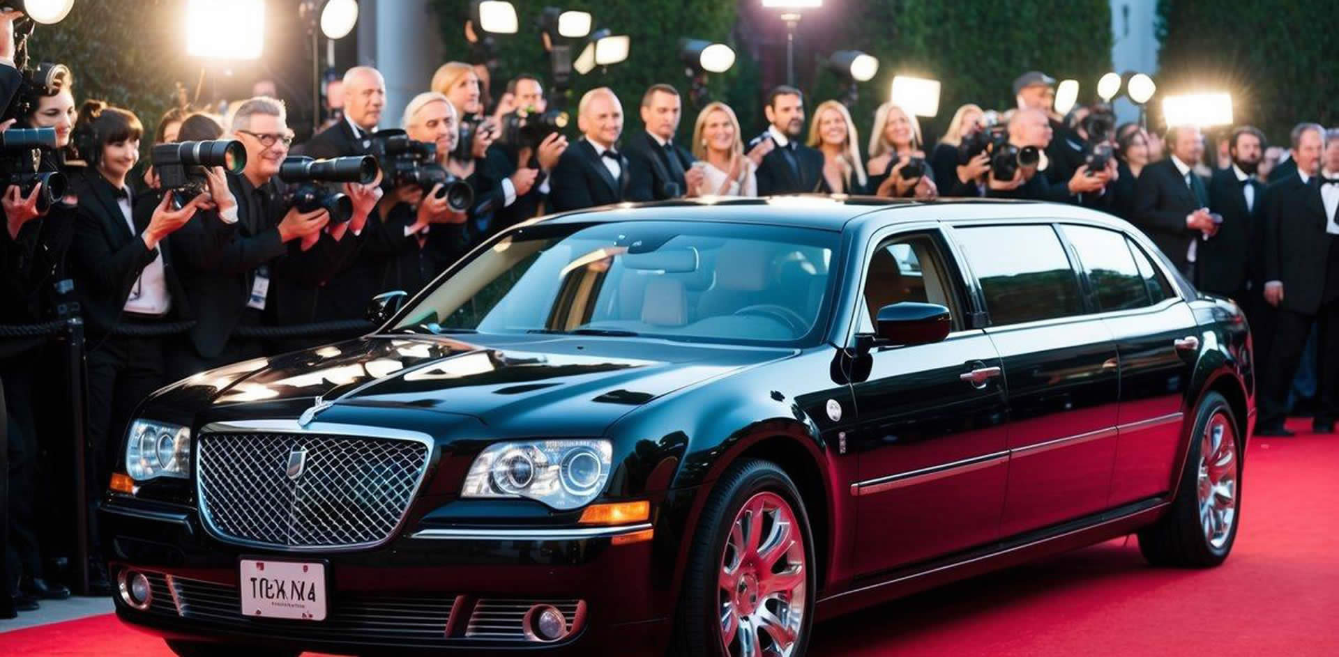 A sleek black limousine pulls up to a red carpet event, surrounded by flashing cameras and eager fans