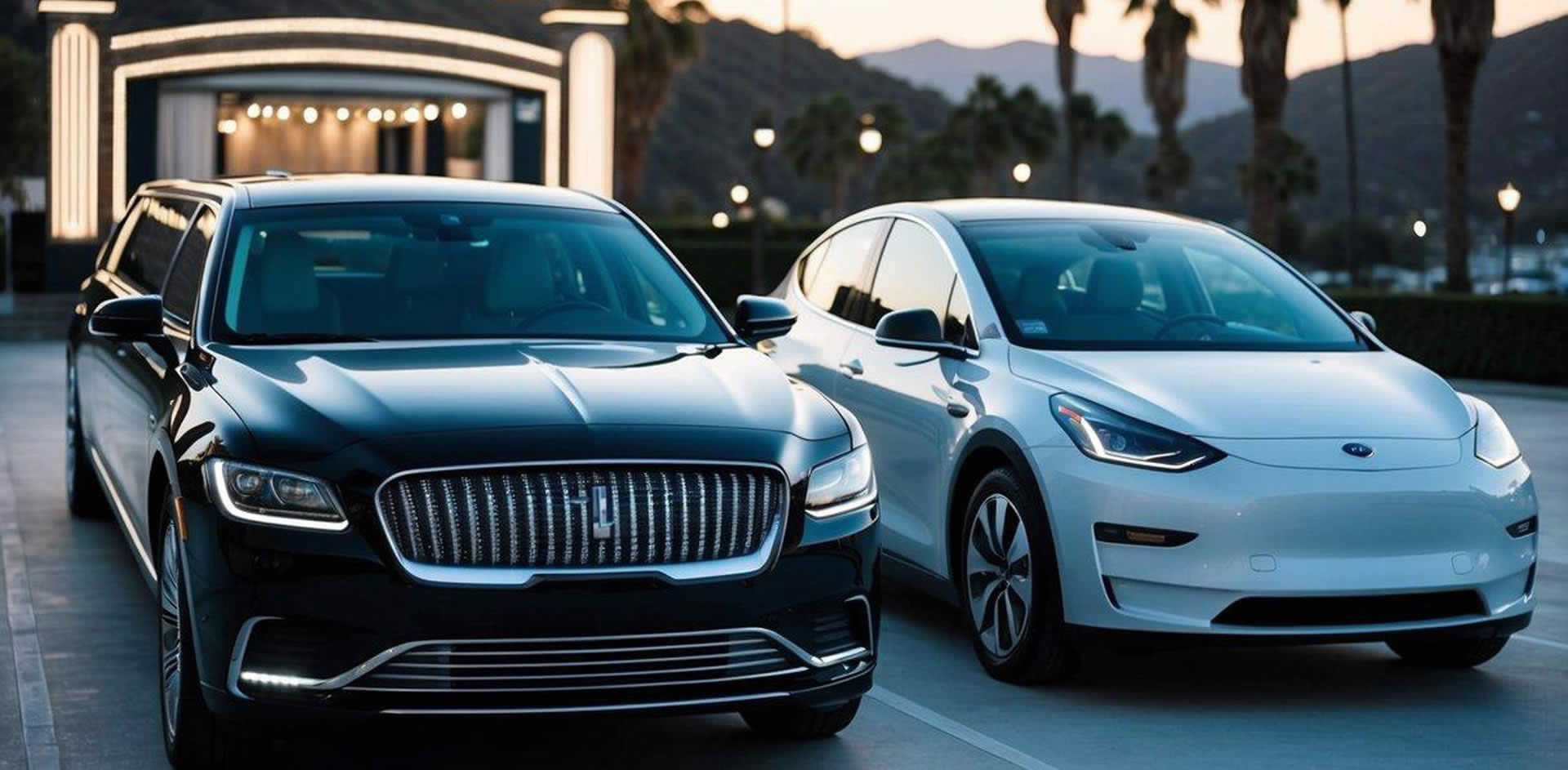 A stretch limousine and a modern electric car parked side by side in a glamorous Hollywood setting