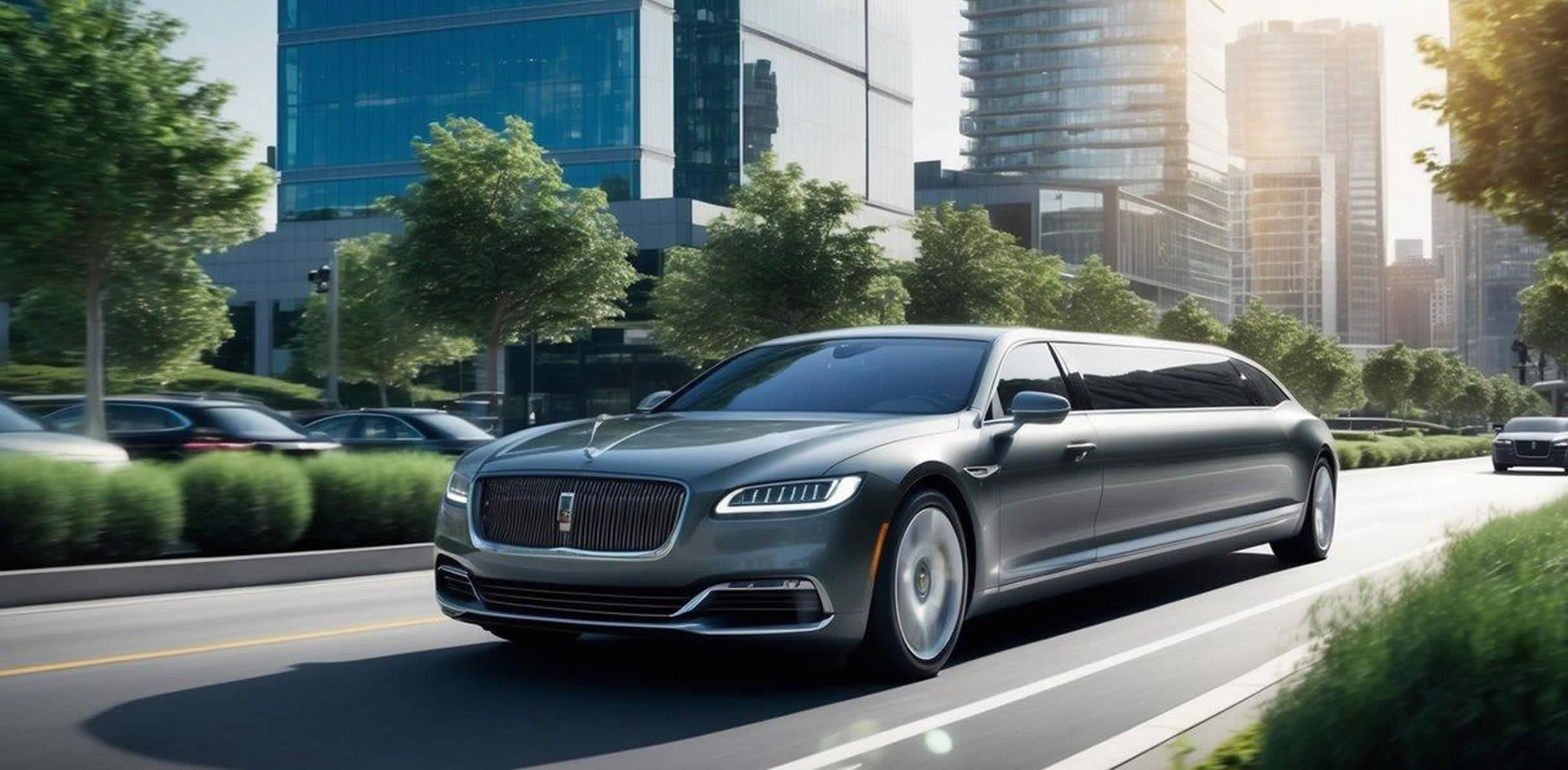 A sleek, modern limousine glides through a bustling city, surrounded by lush greenery and renewable energy sources. The vehicle exudes luxury and sophistication, while also emitting zero emissions