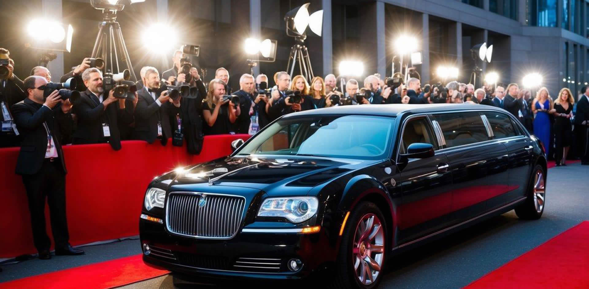 A sleek limousine pulls up to a red carpet event, surrounded by flashing cameras and adoring fans