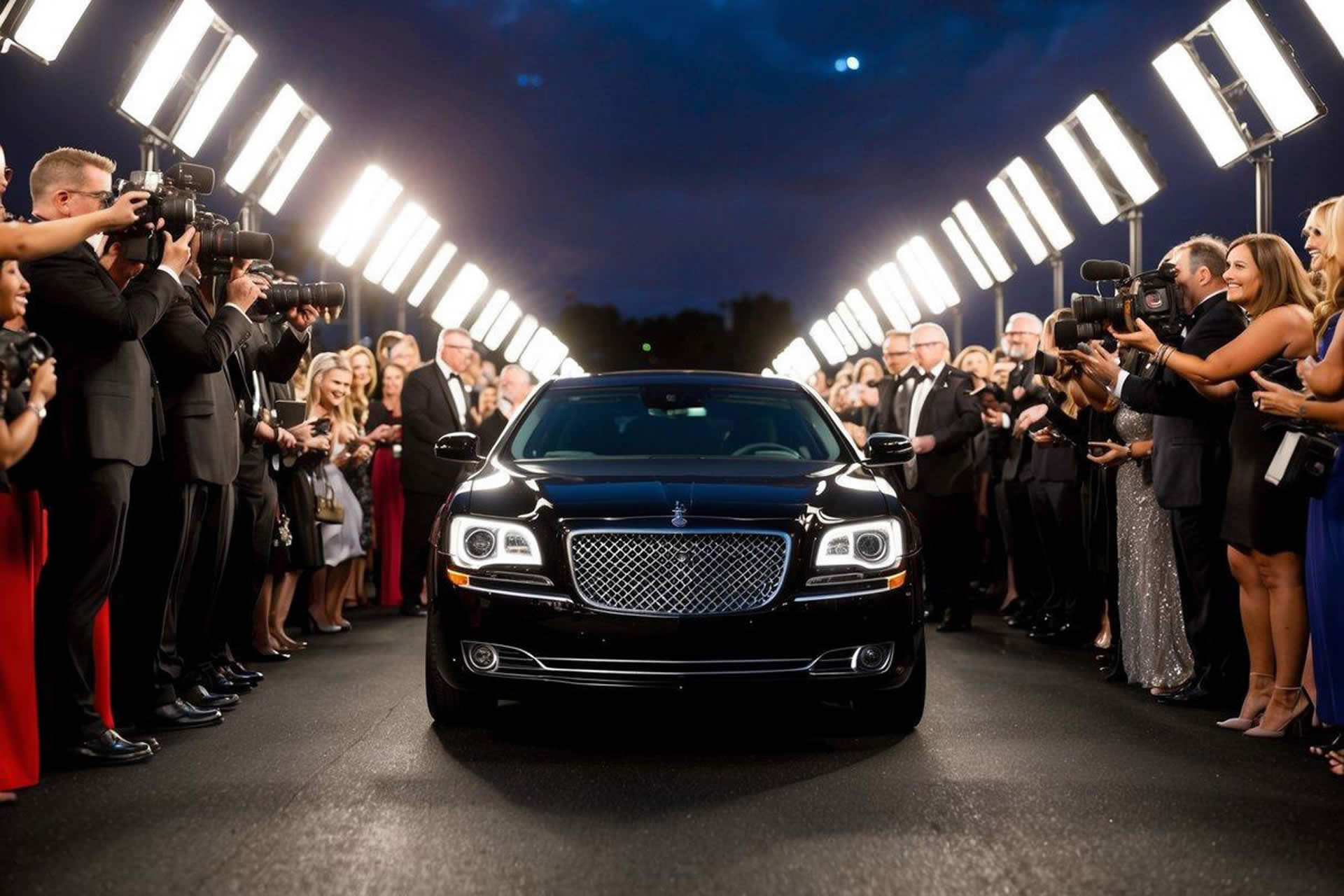 A sleek, black limousine pulls up to a red carpet event, surrounded by flashing cameras and adoring fans