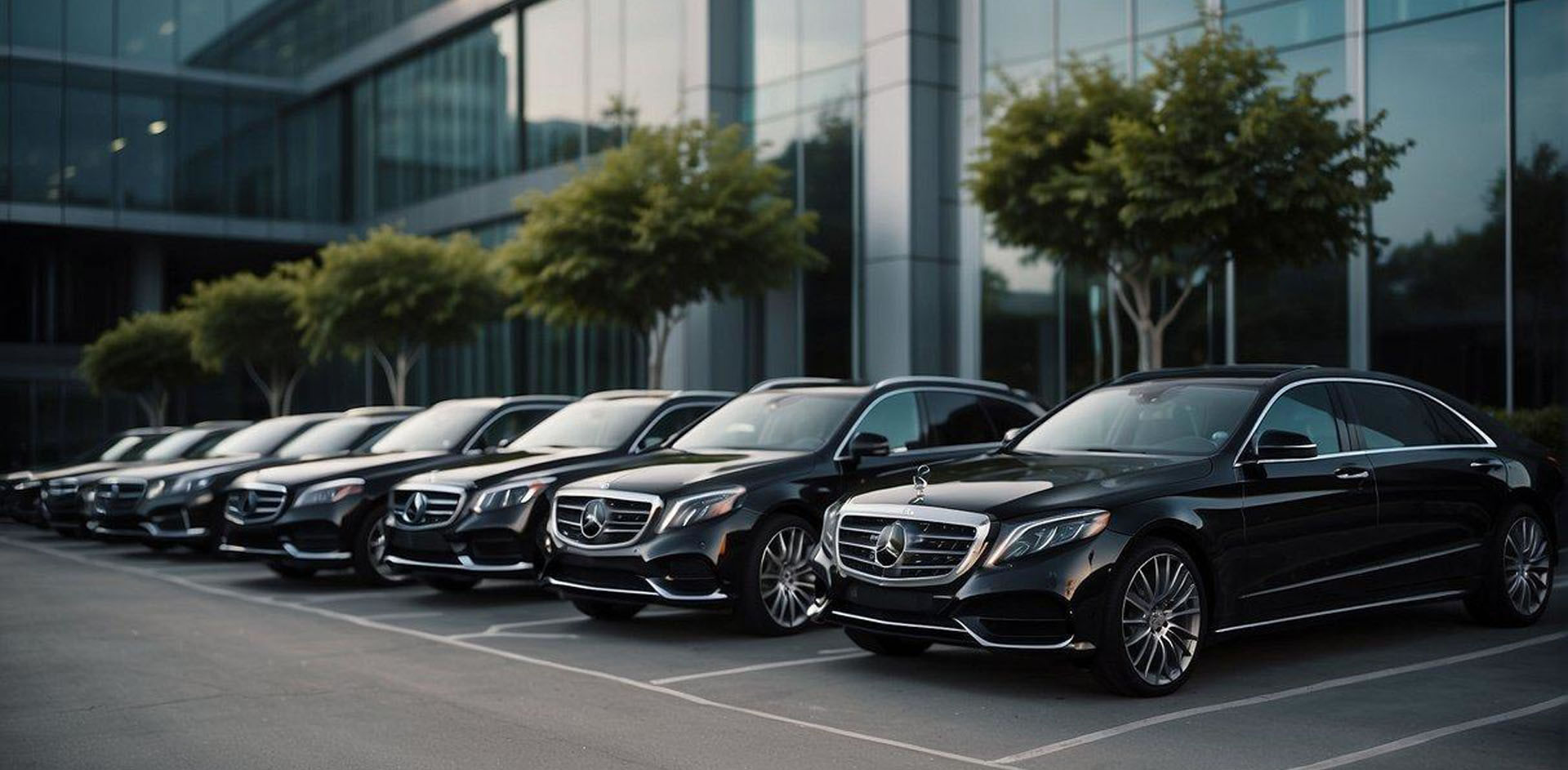 Luxury vehicles lined up outside a corporate building with security personnel monitoring the area