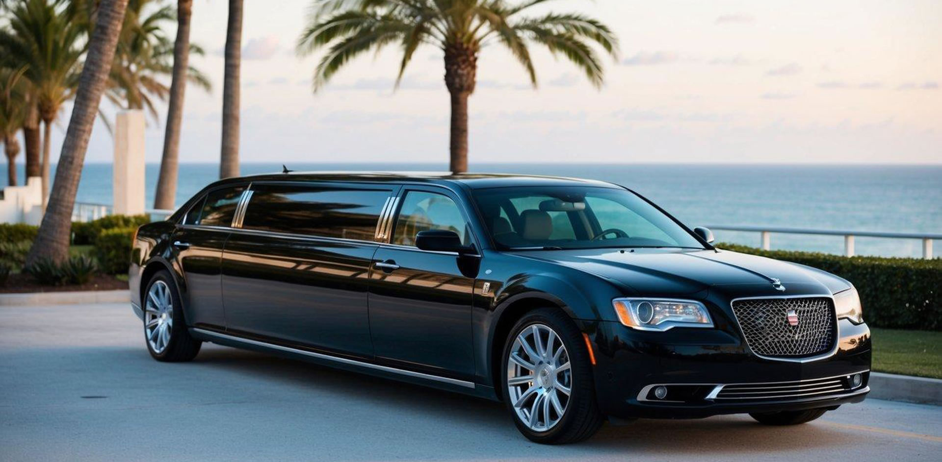 A sleek black limousine parked outside a luxury hotel with palm trees and ocean in the background