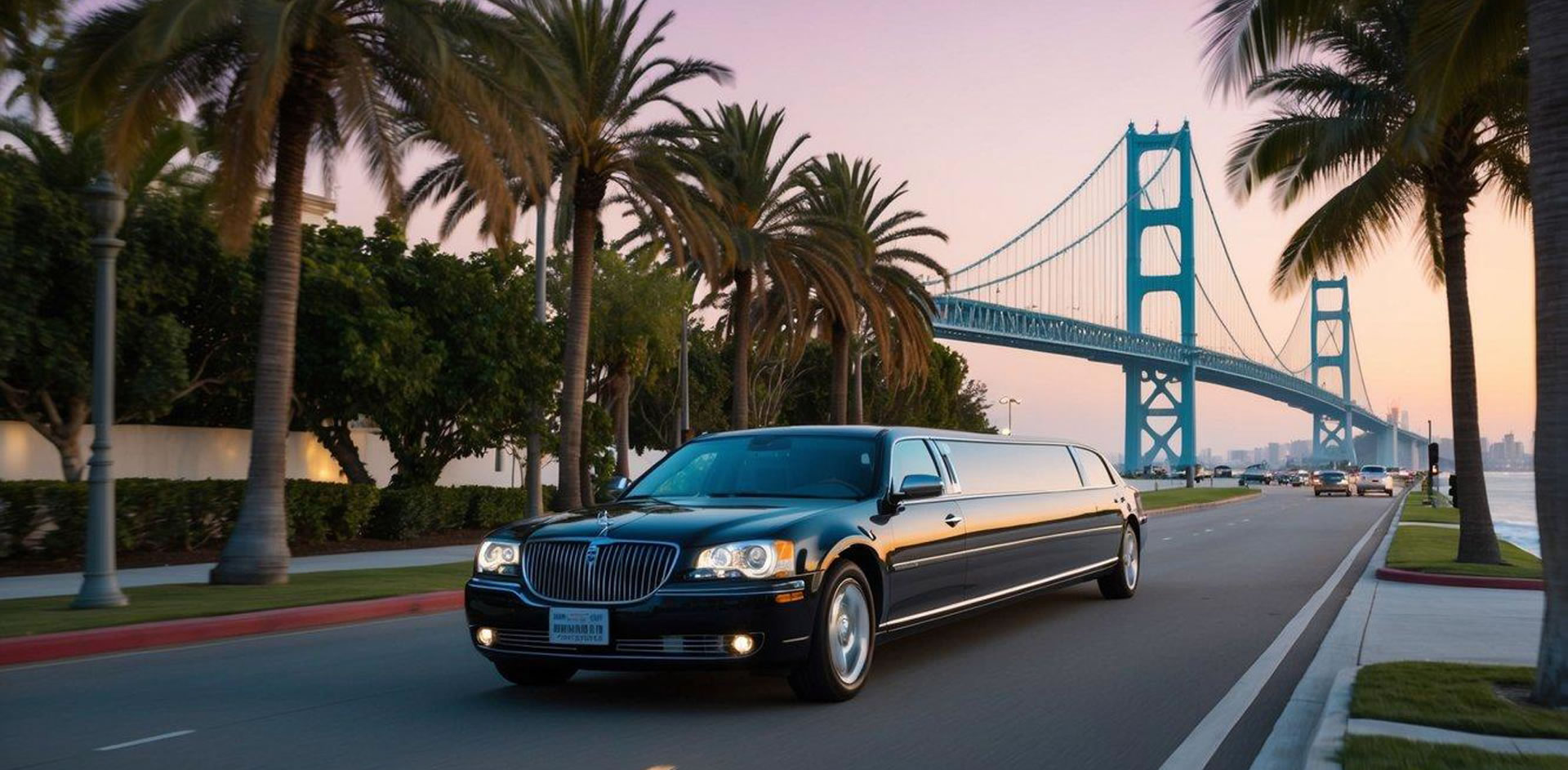 A sleek limo cruises along palm-lined streets with the iconic Coronado Bridge in the background, showcasing the ease and luxury of island transportation