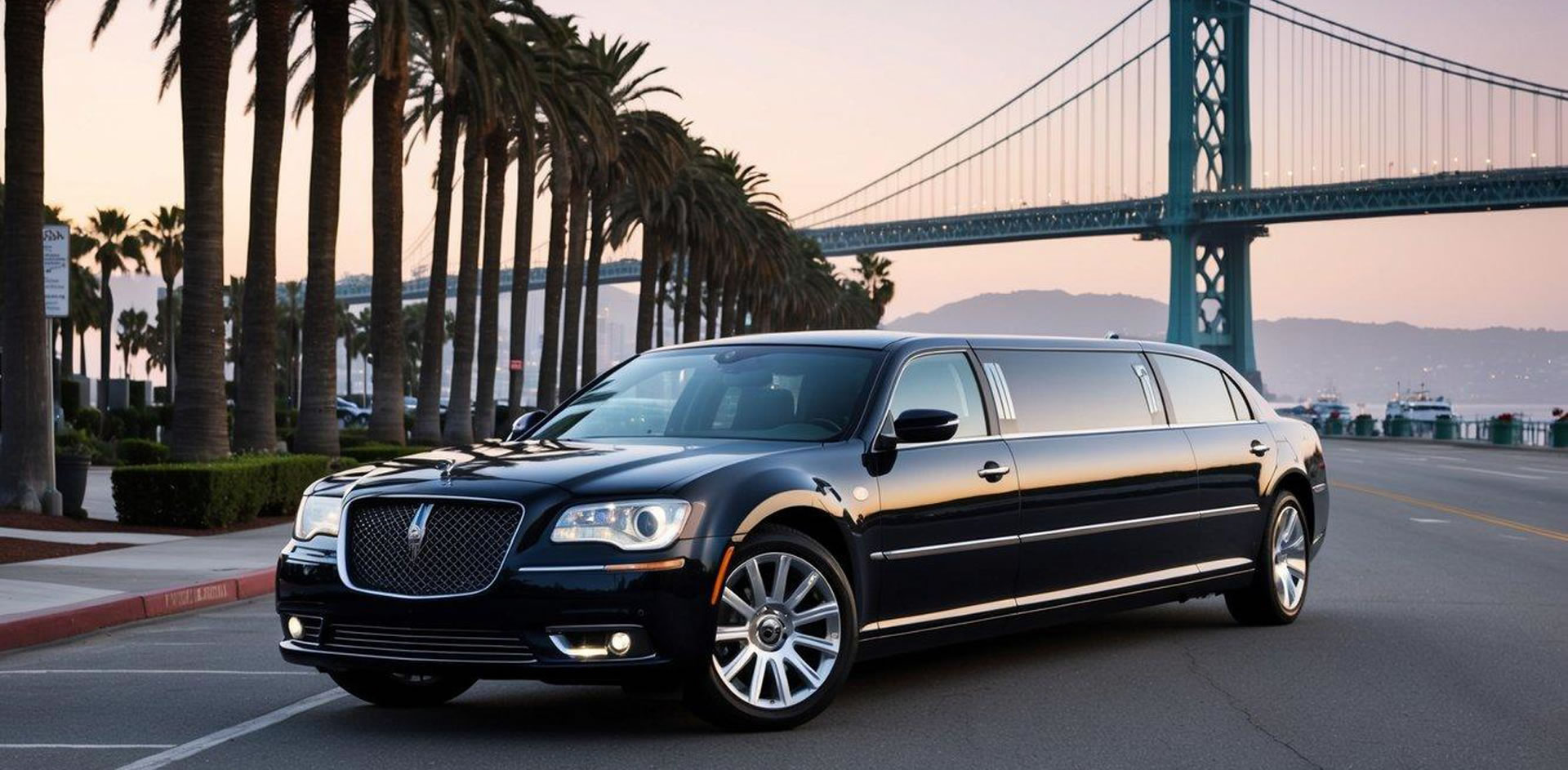 A sleek limo parked outside a luxury hotel with a view of the Coronado Bridge and palm trees lining the street