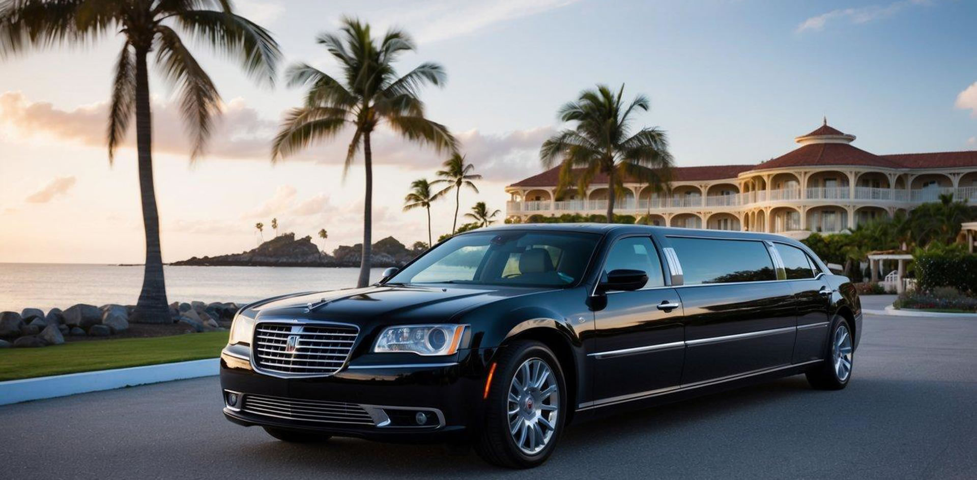 A sleek limousine parked in front of a luxurious hotel on Coronado Island, with palm trees swaying in the background