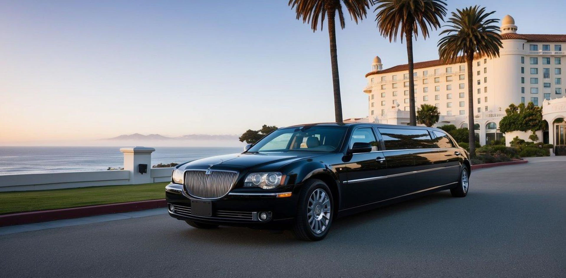 A sleek black limousine parked in front of a luxurious hotel with palm trees and the ocean in the background on Coronado Island, California