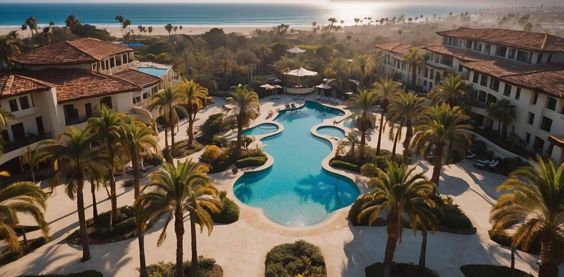 Aerial view of palm-lined luxury resorts in San Diego, with sparkling pools, beachfront cabanas, and elegant architecture