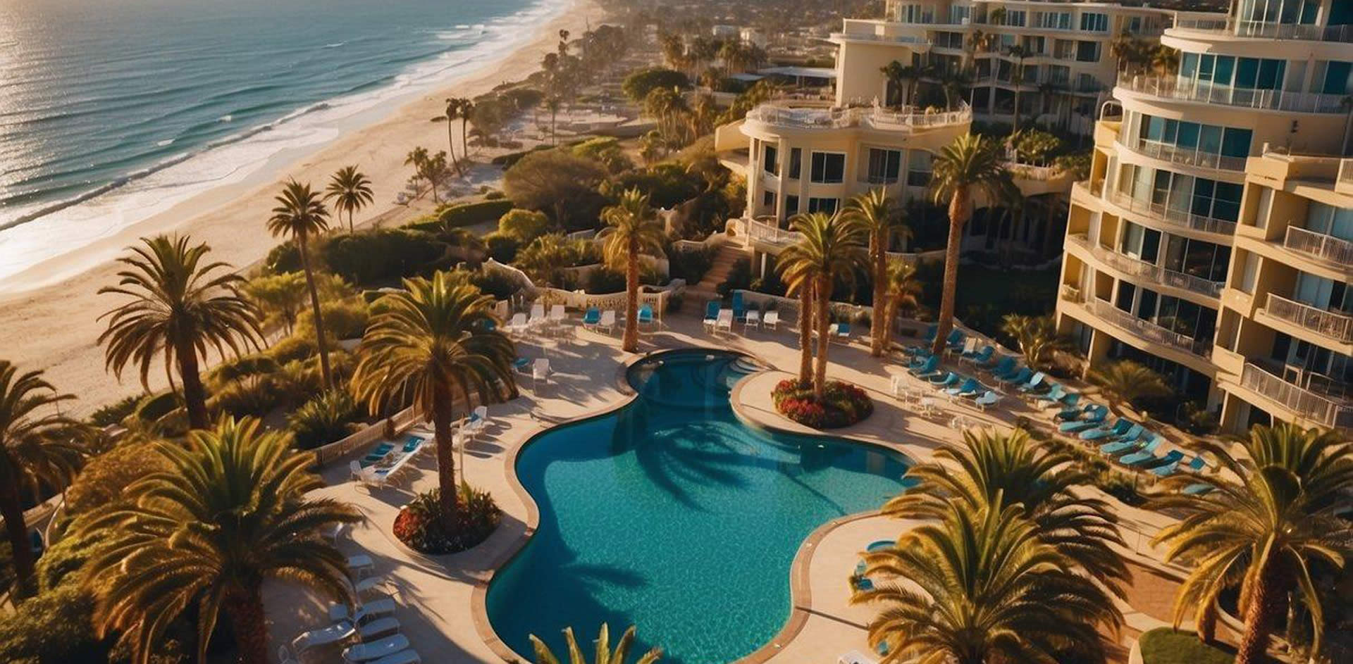 Aerial view of 10 luxury resorts in San Diego, with palm trees, pools, and ocean views