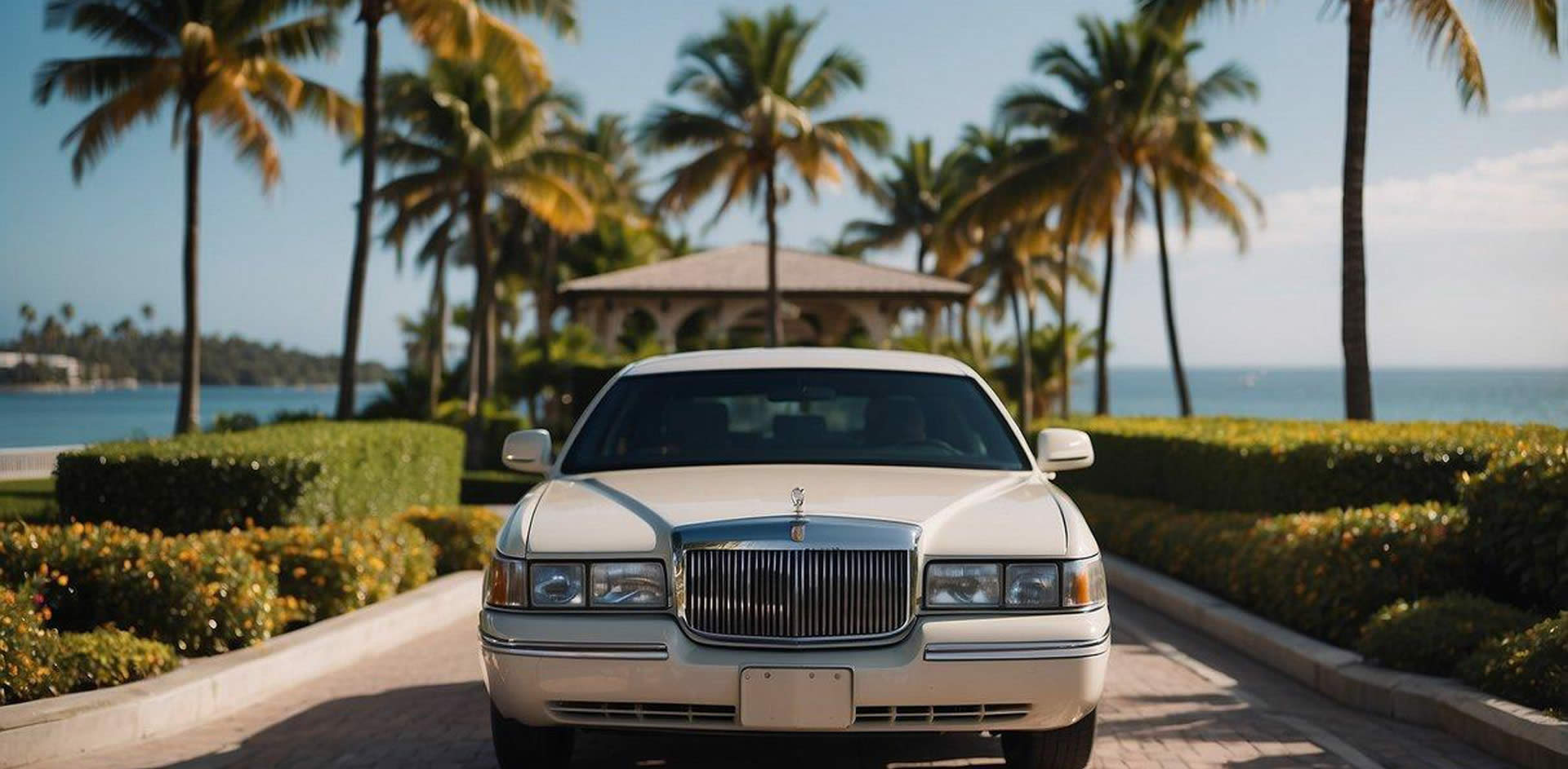 A sleek limousine pulls up to a grand resort entrance, surrounded by palm trees and a sparkling ocean view