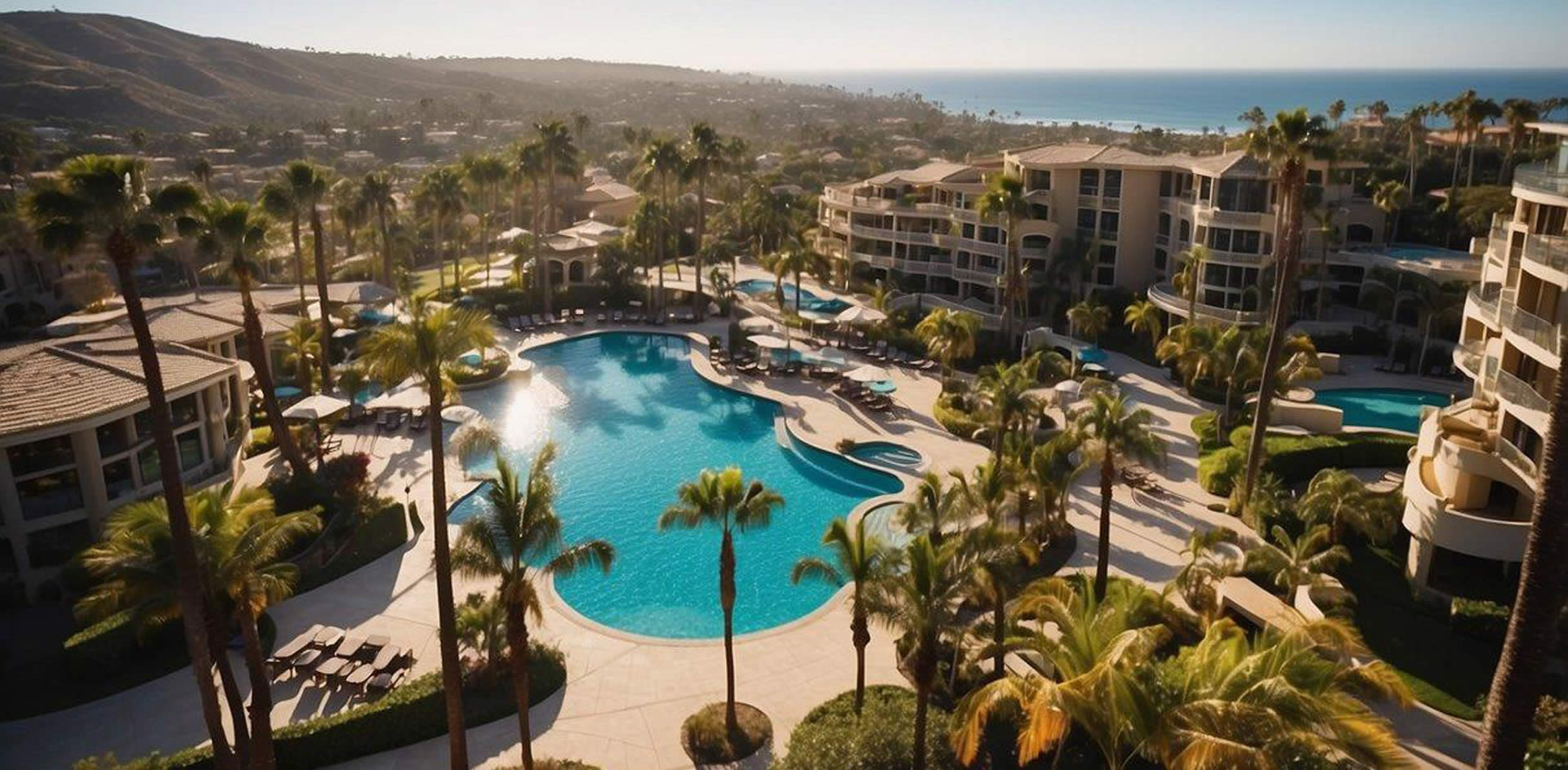 Aerial view of San Diego's top luxury resorts, set against a backdrop of palm trees, sparkling pools, and ocean waves