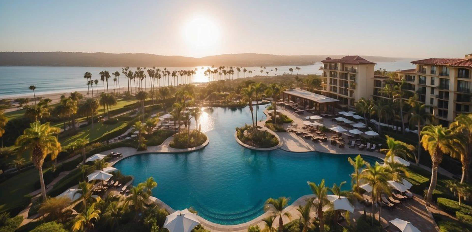 Aerial view of top luxury resorts in San Diego, surrounded by palm trees and overlooking the ocean. Infinity pools, elegant architecture, and lush landscaping