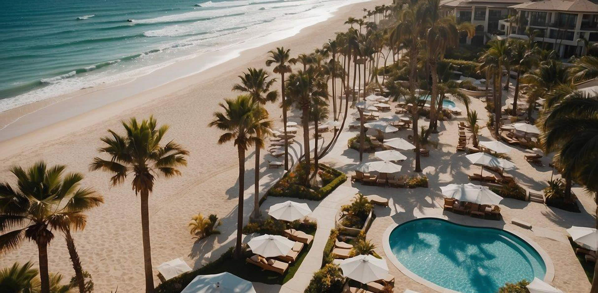 Aerial view of palm-lined poolside cabanas, overlooking the glistening ocean at a top luxury resort in San Diego. Luxurious loungers and umbrellas dot the pristine white sand beach, creating a serene and opulent atmosphere