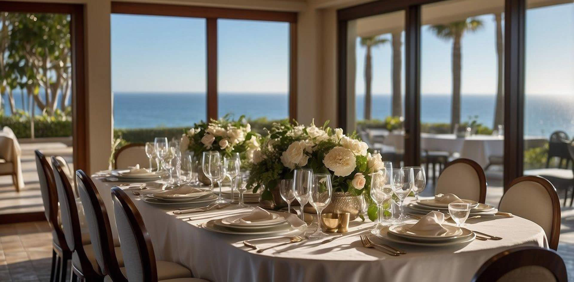 A lavish dining room with elegant table settings, surrounded by lush gardens and ocean views at a top luxury resort in San Diego