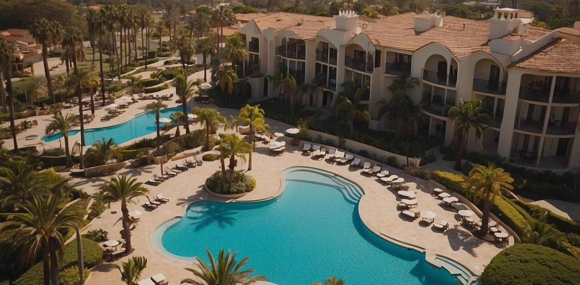 Aerial view of 10 luxury resorts in San Diego, with pools, beachfront access, and lush landscaping, surrounded by palm trees and ocean views