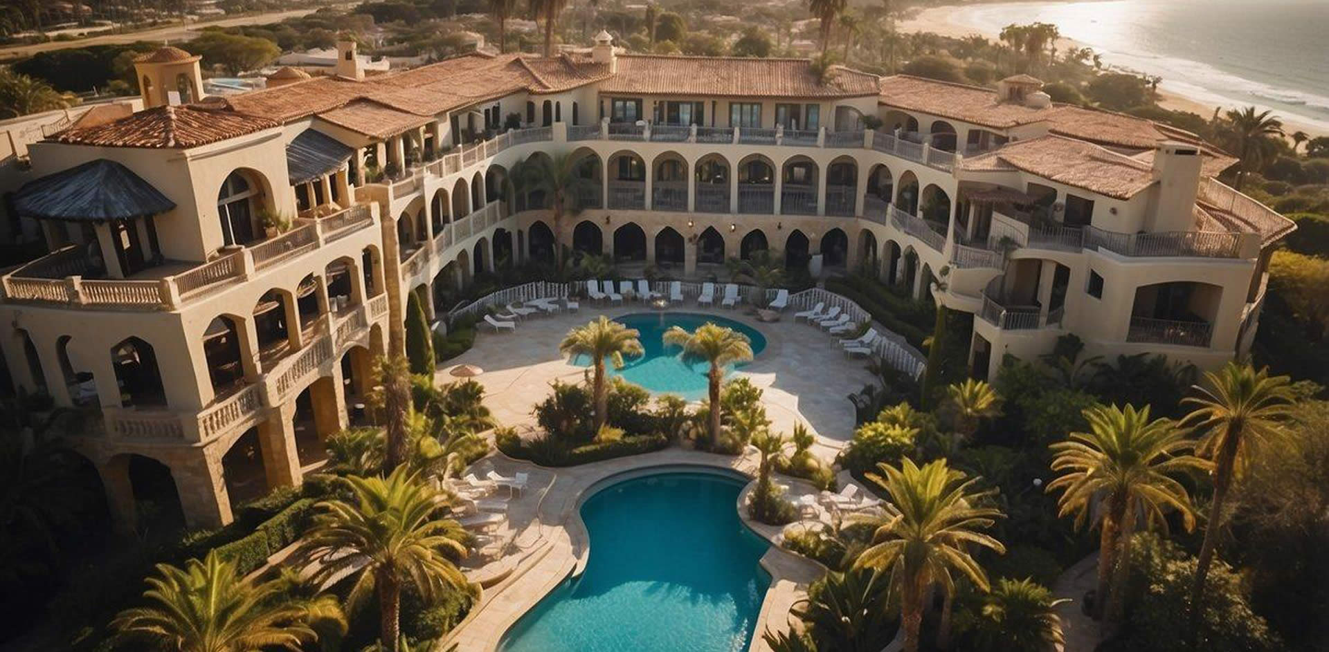 Aerial view of 10 luxury resorts in San Diego, each with unique architecture and surrounded by lush greenery and pristine pools