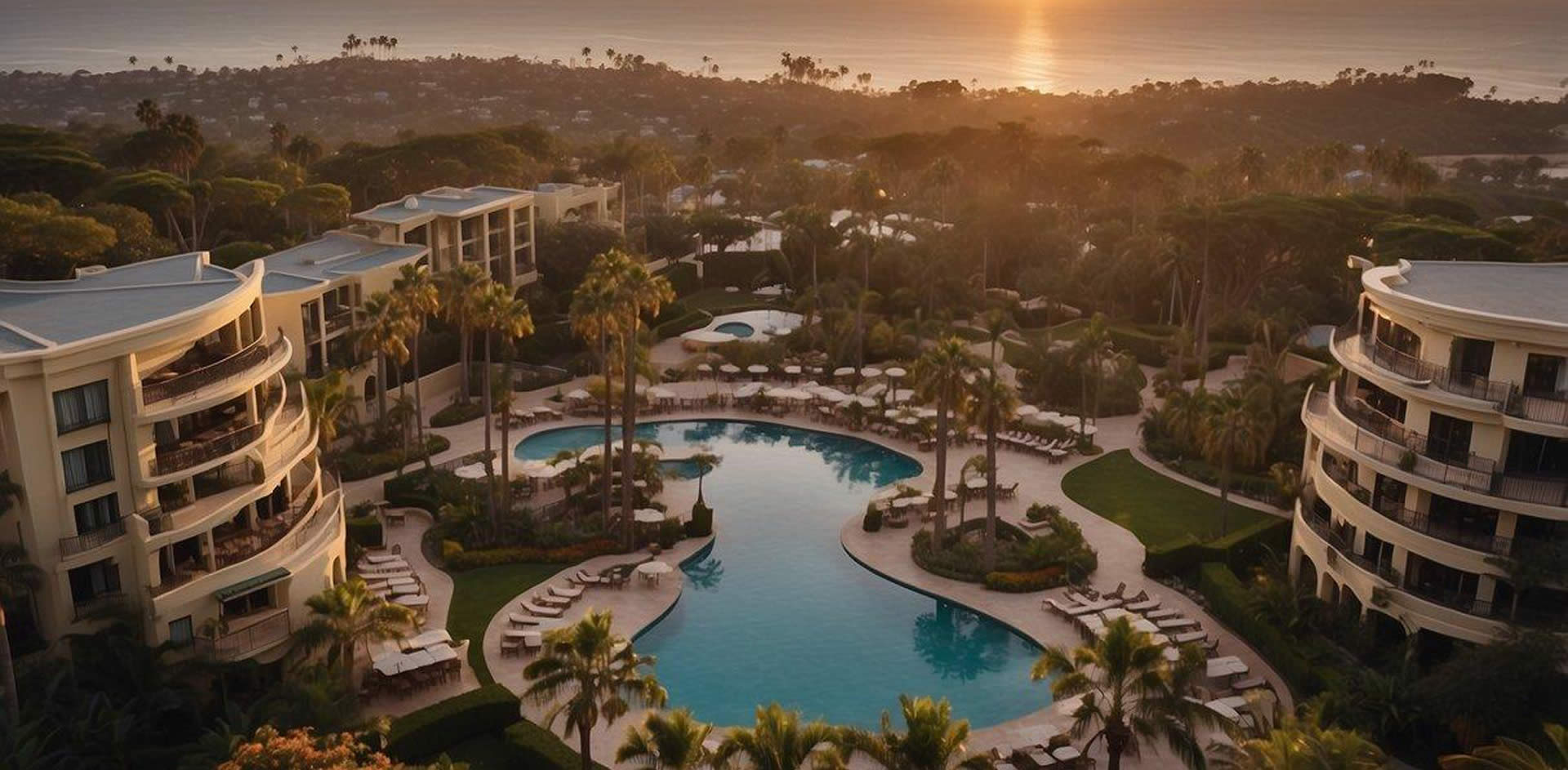 Aerial view of San Diego's top luxury resorts, showcasing pristine beaches, infinity pools, and lavish spa facilities. The sun sets over the elegant architecture and lush tropical gardens