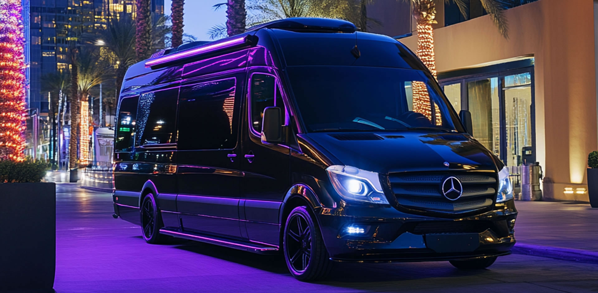 Elegant black van with LED accents in an urban night setting