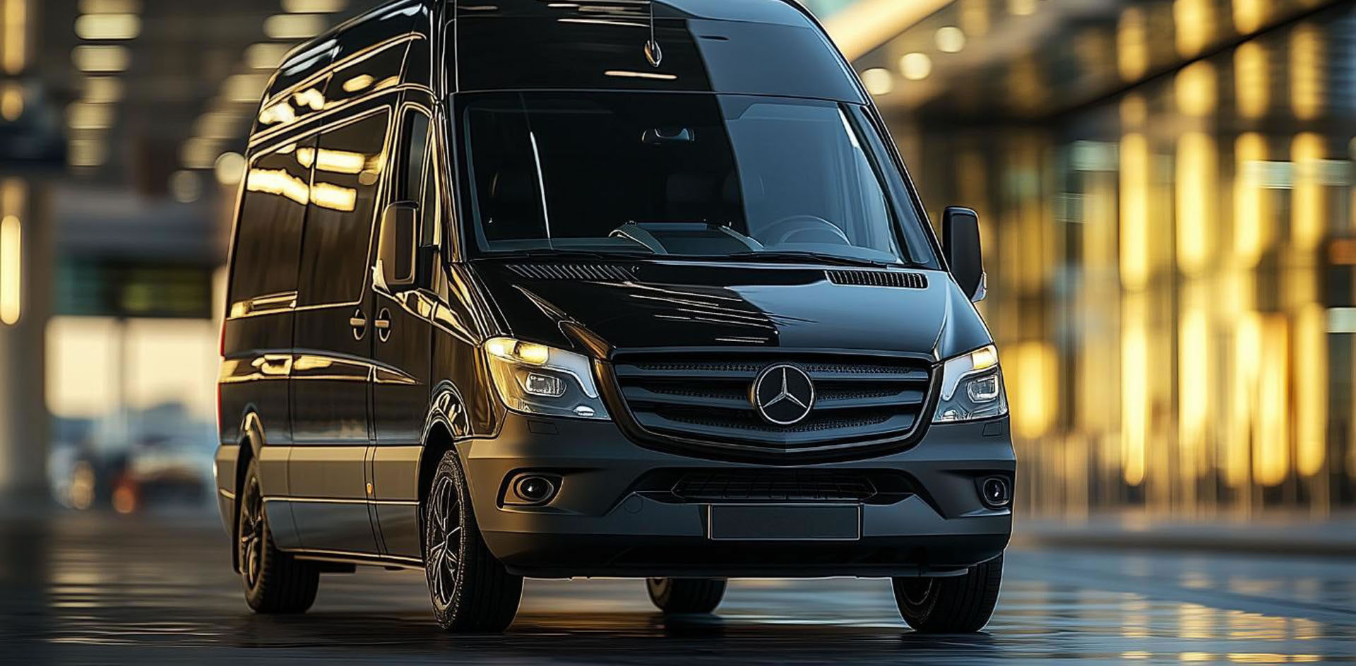 a van is standing before a business building