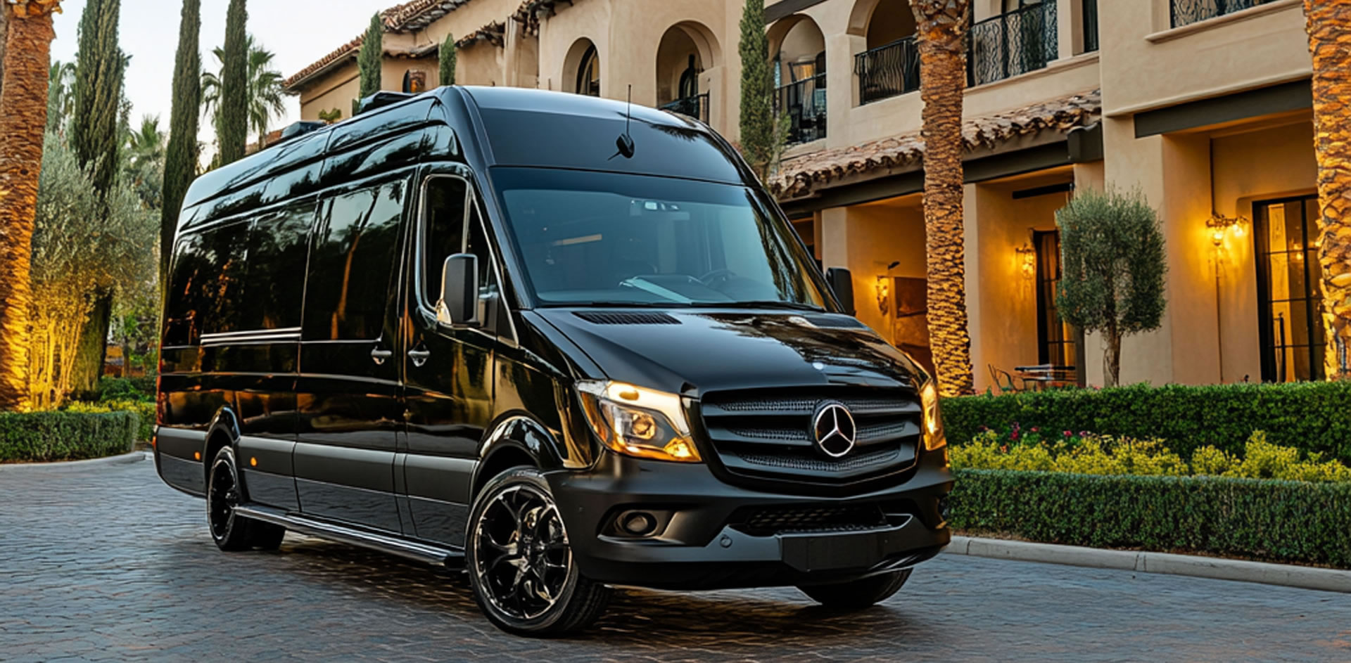 A Mercedes-Benz Sprinter is standing in front of a resort