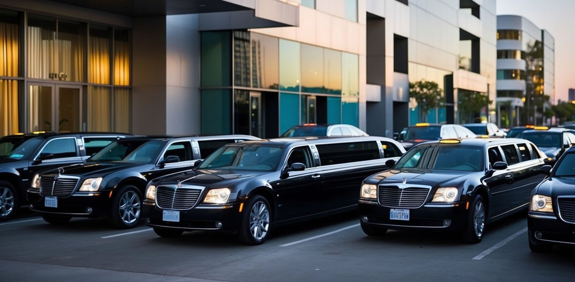 A row of sleek, luxury limousines parked in front of a modern, upscale building in downtown San Diego