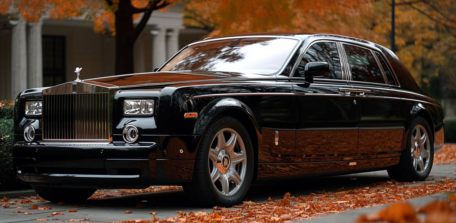 A rolls royce is staning on a street in autumn surrounded by leaves.