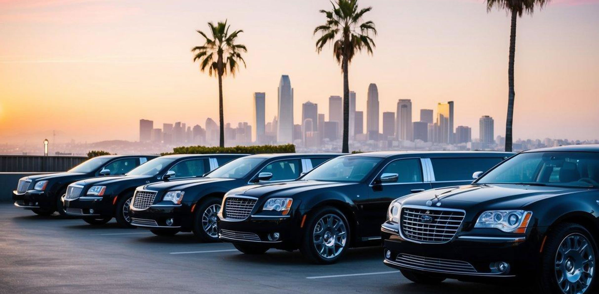 A lineup of sleek luxury limousines parked in front of a backdrop of San Diego's iconic skyline, with palm trees swaying in the breeze