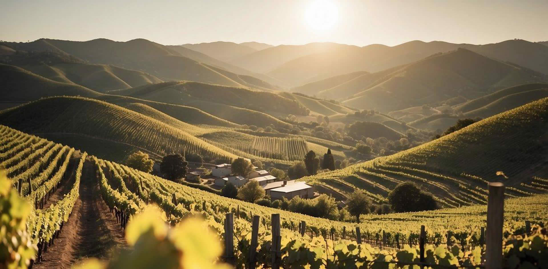 Sun-kissed vineyards stretch across rolling hills, while workers carefully tend to the grapes. In the distance, a state-of-the-art winery hums with activity, as barrels are filled and bottles labeled