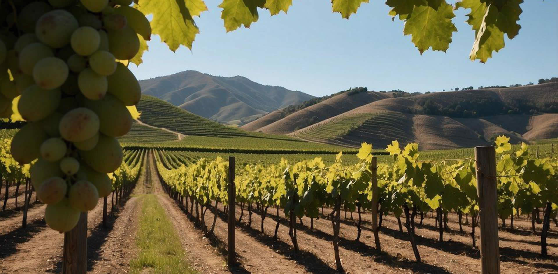 A picturesque vineyard with rows of lush grapevines stretching into the distance, framed by rolling hills and a clear blue sky