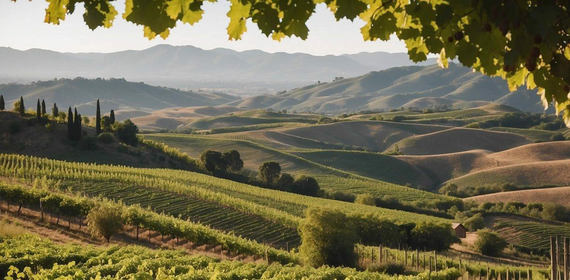 Rolling hills covered in lush green vineyards, with rows of grapevines stretching into the distance. A rustic winery with a red-tiled roof sits nestled among the vines, surrounded by picturesque scenery